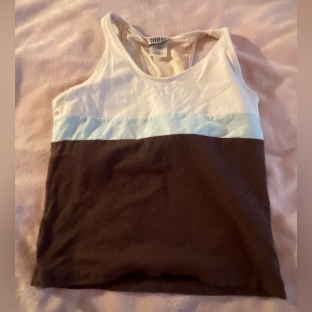 white, blue, and brown tank top, size large